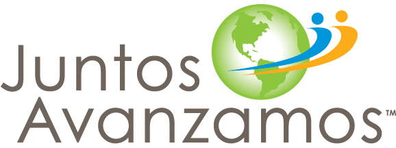 Juntos Avanzamos logo of the world with 2 people orbiting/hugging it