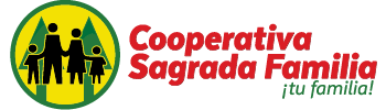 A logo with a stick figure family shown on a yellow background with green trees - text reads "Cooperativa Sagrada Familia - tu familia!"