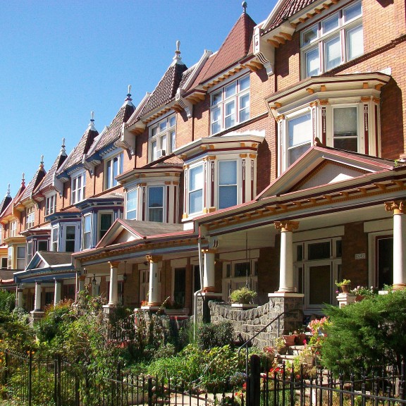 Ornate rowhouses with lush front gardens in Baltimore