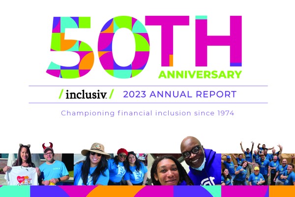 Cover of Inclusiv's 50th Anniversary Annual Report: smiling credit union staff and members