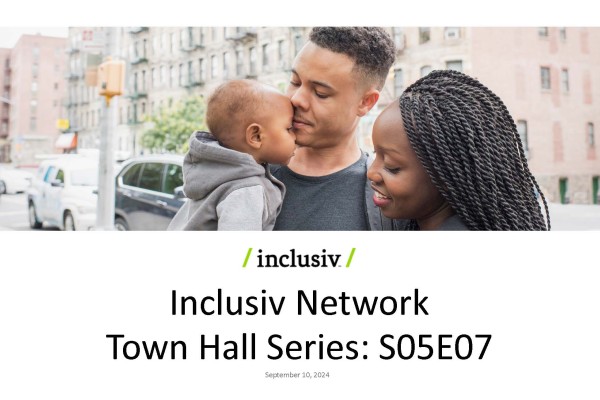 Town Hall slide deck opening slide showing a young family in front of an apartment building and "Town Hall Series: S05E07"
