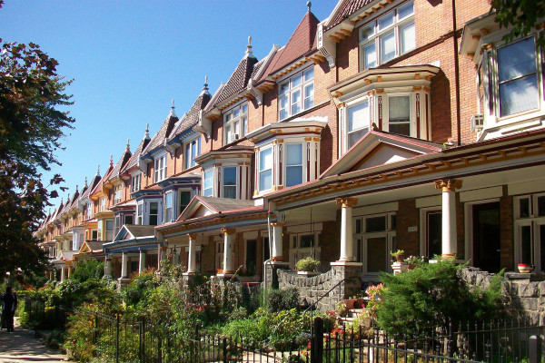 Ornate rowhouses with lush front gardens in Baltimore