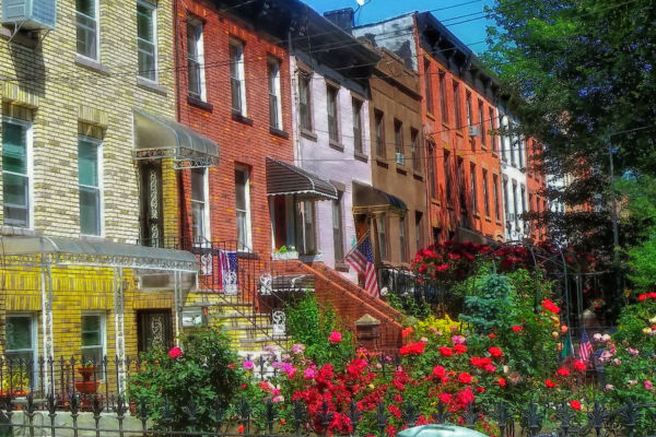 A row of homes with vibrant gardens