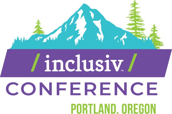 Logo for Inclusiv Conference 2026 in Portland, OR. Shows Mt Hood with pine trees behind the Inclusiv logo