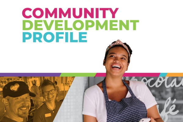 The cover of Inclusiv's Community Development Profiles, showing a business owner in front of her store and credit union employees smiling at a volunteer event.
