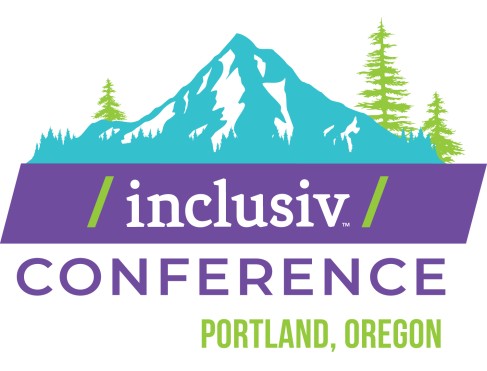 Logo for Inclusiv Conference 2026 in Portland, OR. Shows Mt Hood with pine trees behind the Inclusiv logo